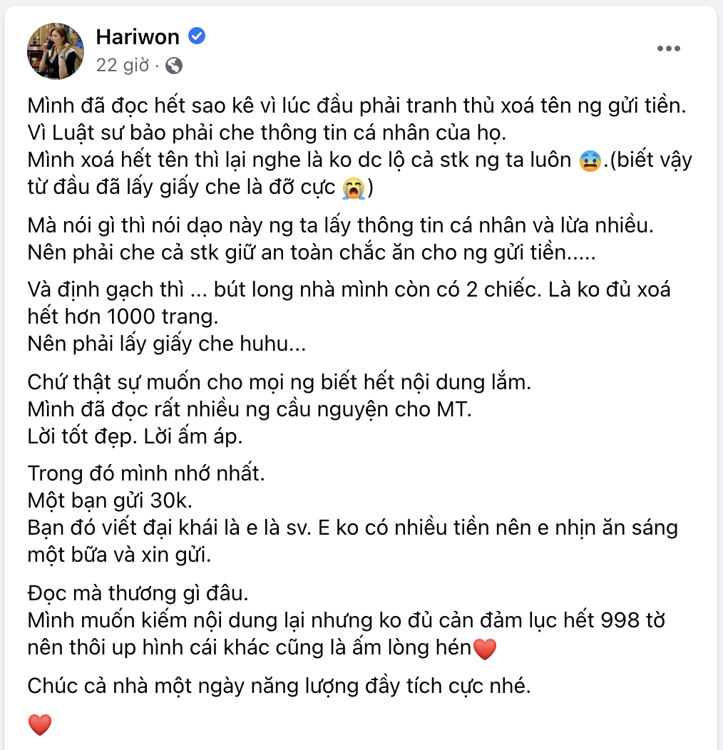 Hari Won khẳng định sự minh bạch của hai vợ chồng: Đã từng nhận quỹ từ thiện thời nghèo khổ nên không bao giờ dám nghĩ lấy tiền đó dùng bậy - Hình 1