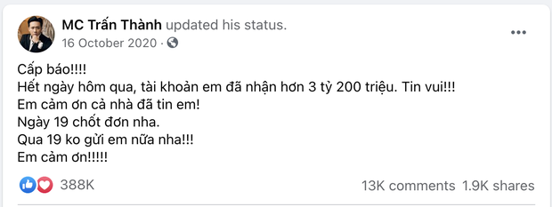 Trấn Thành bị tố nói dối vì sao kê không khớp với status kêu gọi từ thiện? - Hình 3