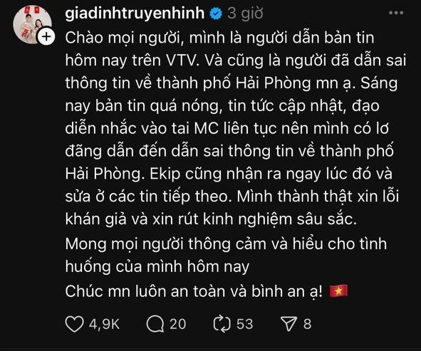 BTV Mạnh Cường của VTV nhầm lẫn khi đưa tin bão, bị chỉnh đốn phải vội xin lỗi - Hình 4
