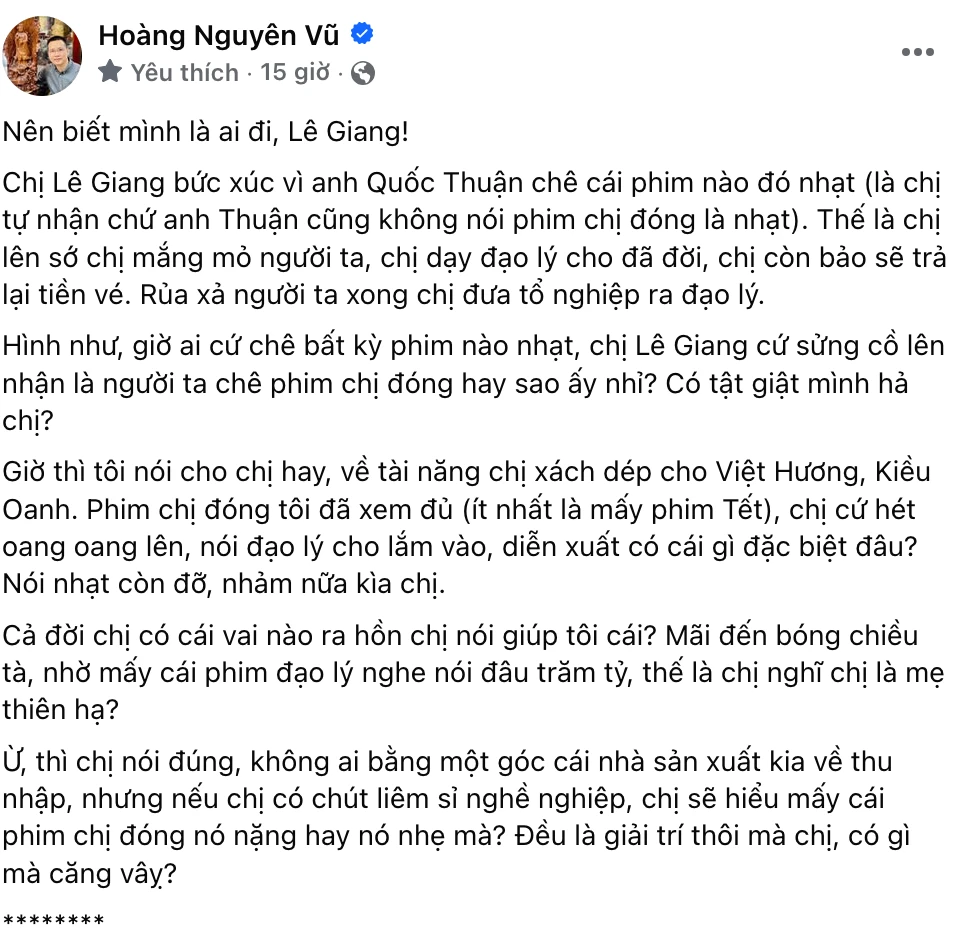 Vụ tranh cãi phim Trấn Thành: Hoàng Nguyên Vũ viết sớ dài, mắng phủ đầu Lê Giang - Hình 4