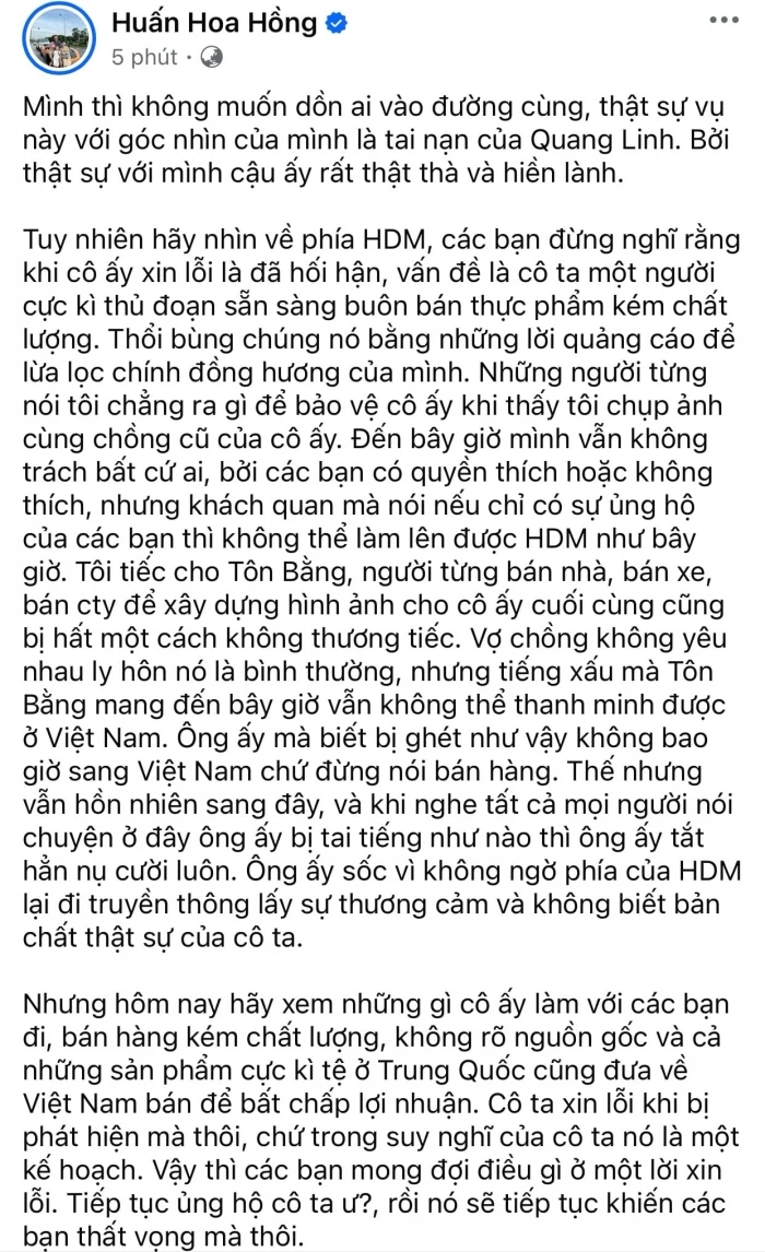 Huấn Hoa Hồng đăng đàn tố Hằng Du Mục thủ đoạn, bênh vực Quang Linh vụ kẹo rau - Hình 2